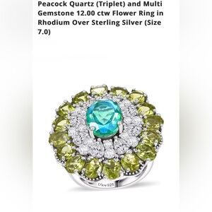 Brand New! Sterling Silver Peacock Quartz and Multi-Gemstone Ring 12.0 ctw. Sz 7